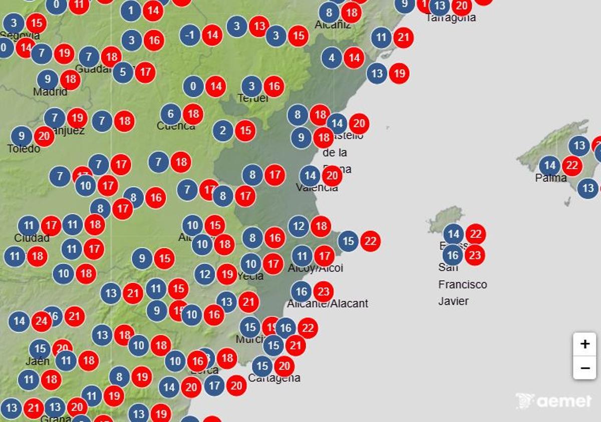 Máximas y mínimas previstas por la Aemet para el domingo en la Comunitat Valenciana.