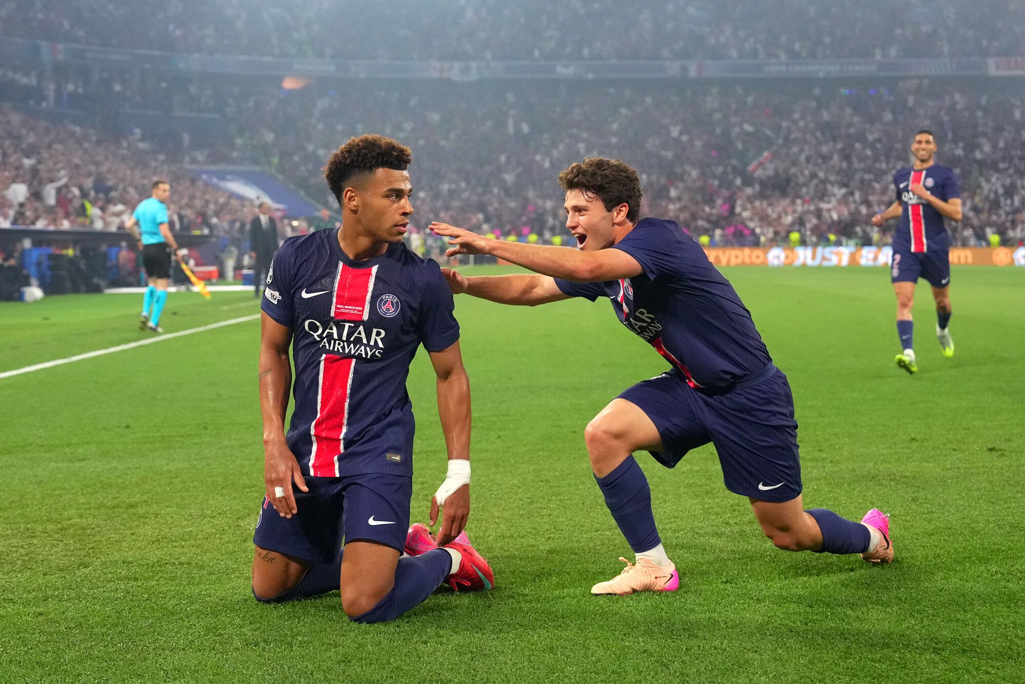 PSG's Desire Doue celebrates after scoring 2-0  during the Uefa Champions League Final soccer match between Paris Saint Germain and FC Inter  at Allianz Arena  in Munich , Germany -  Saturday May 31, 2025 . Sport - Soccer (Photo by Spada/LaPresse)