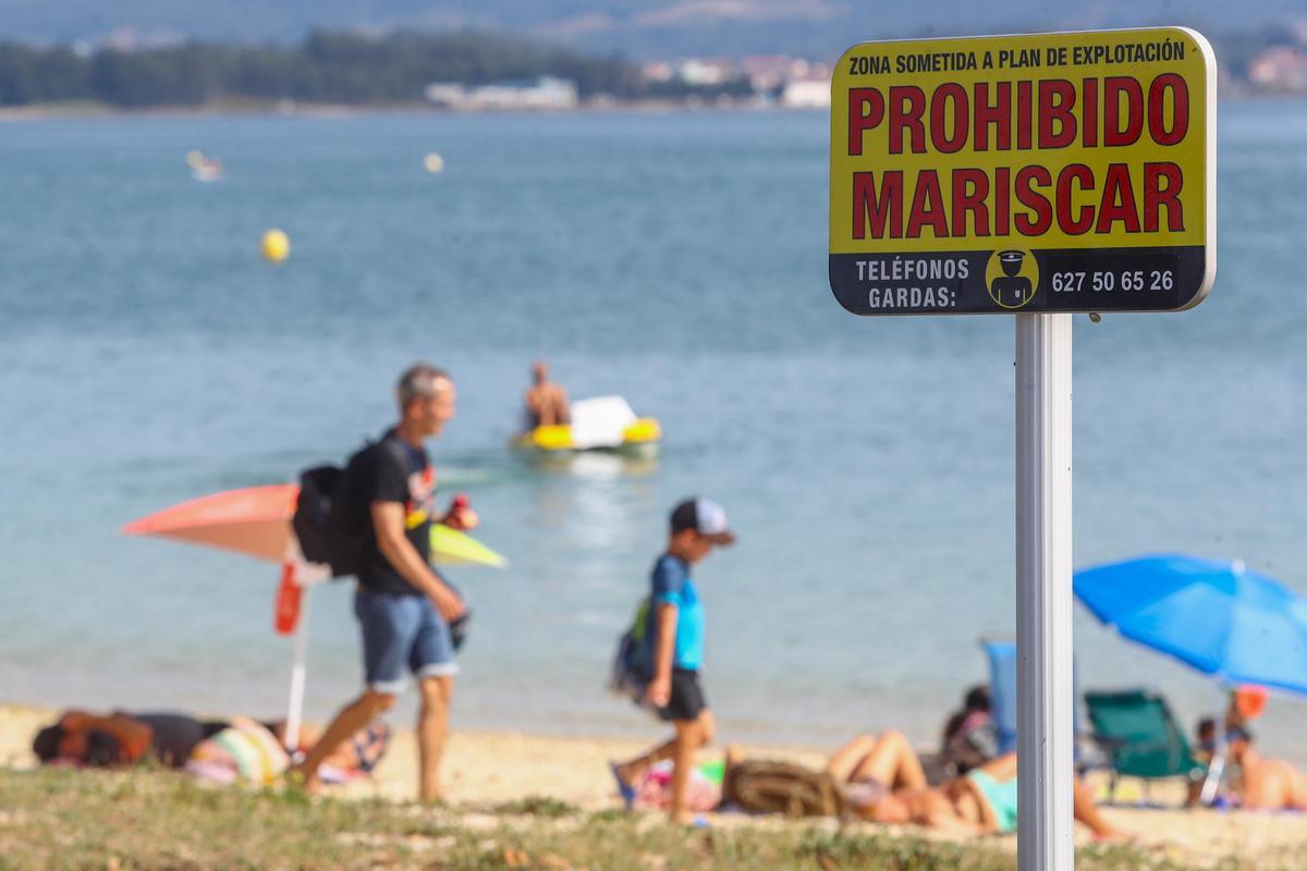Señalización en la playa de O Bao de A Illa de Arousa para proteger los bancos marisqueros