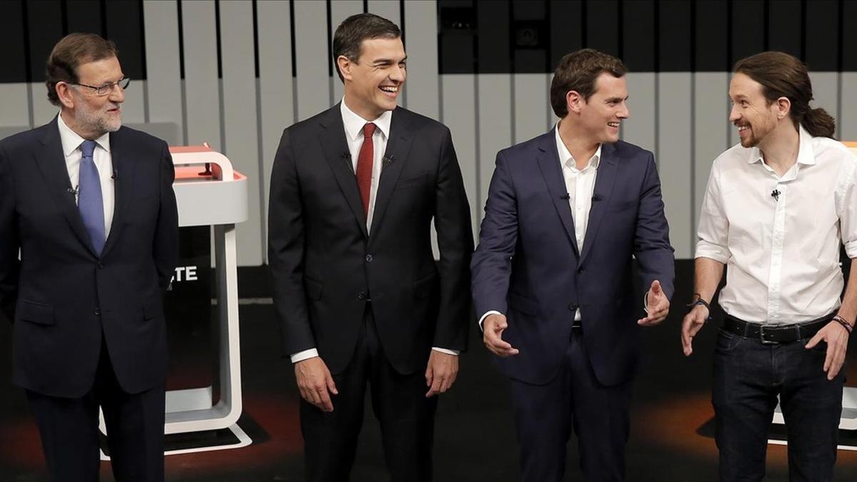 Los aspirantes Mariano Rajoy, Pedro Sánchez, Albert Rivera y Pablo Iglesias en el único debate a cuatro celebrado en campaña