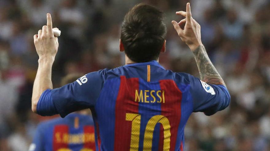 Messi celebra el primer gol al Bernabéu.