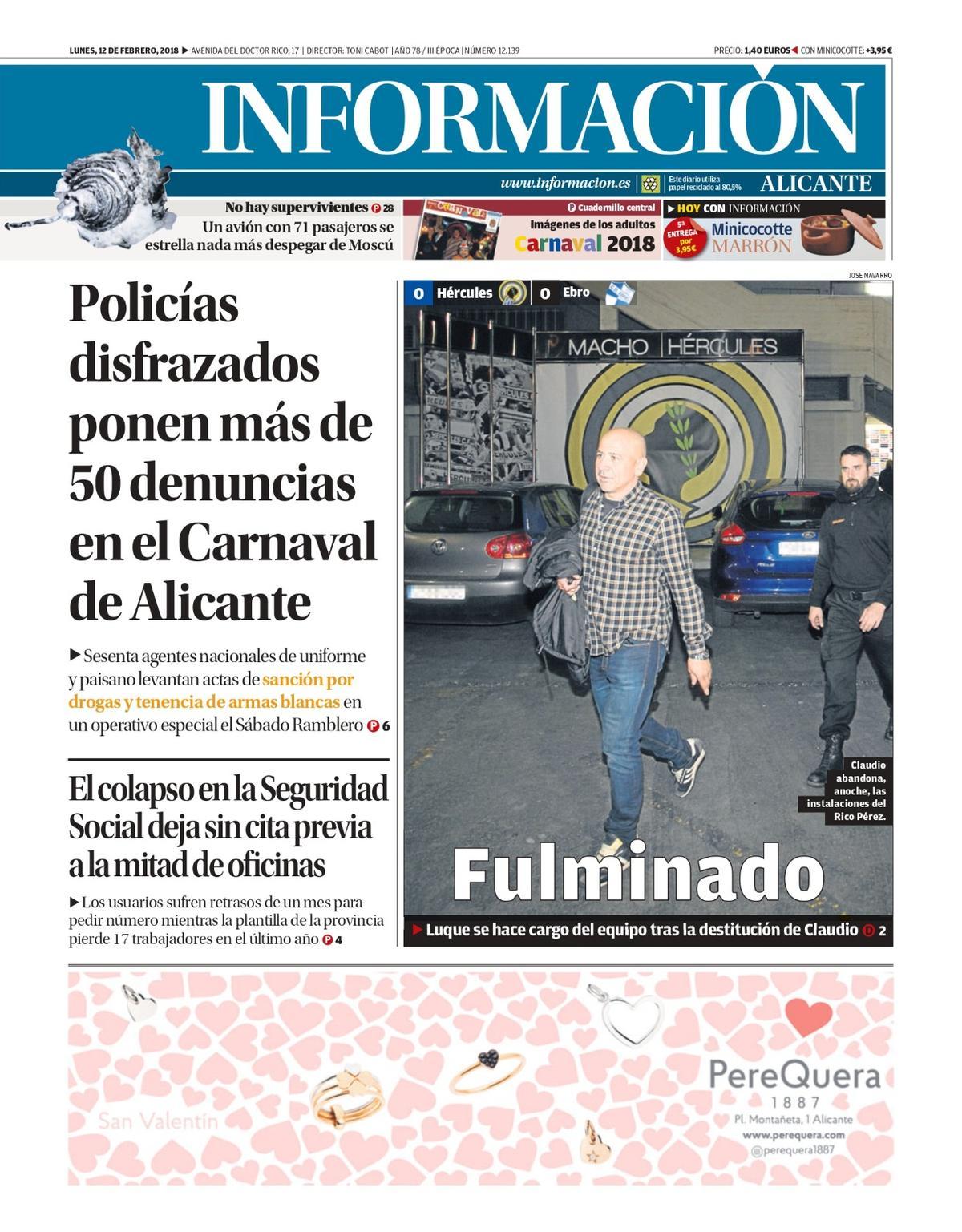 Portada de INFORMACIÓN del lunes 12 de febrero de 2018, tas la destitución de Claudio como entrenador.