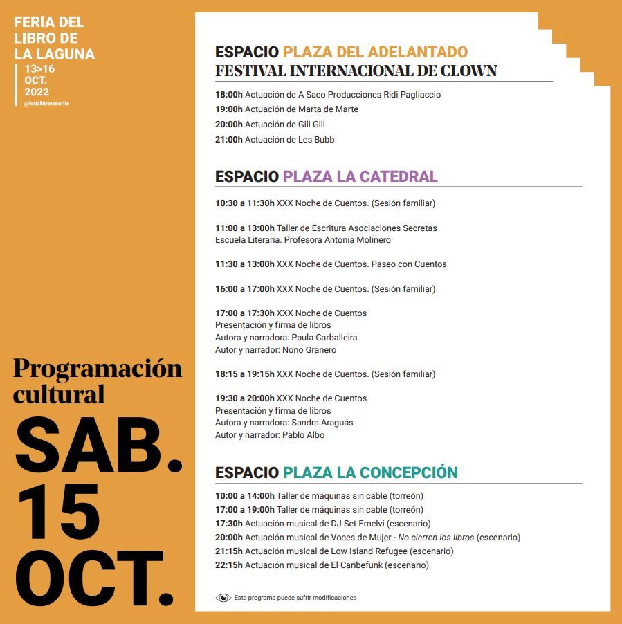 Programación cultural Feria del Libro de La Laguna sábado 15.