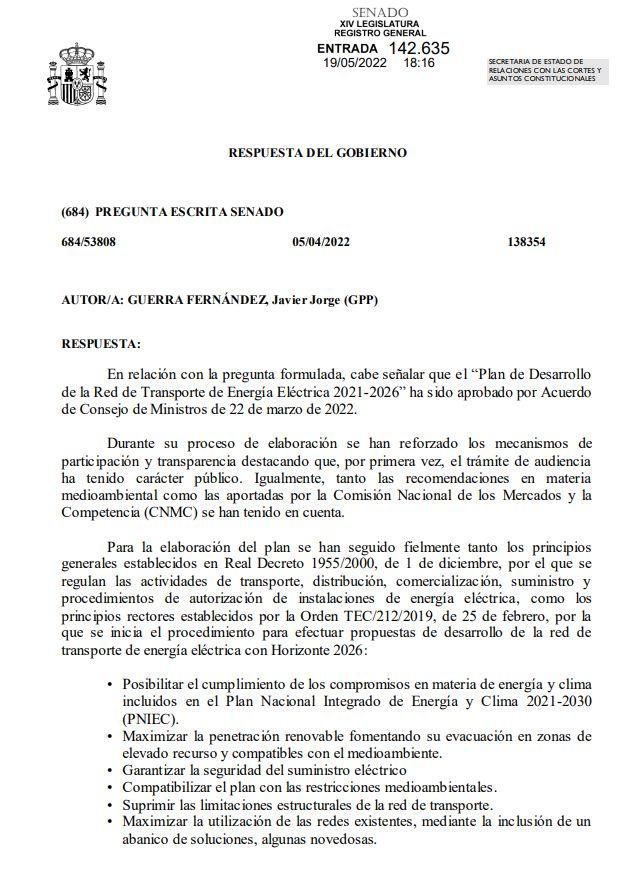 Respuesta por escrito del Gobierno en el Senado.