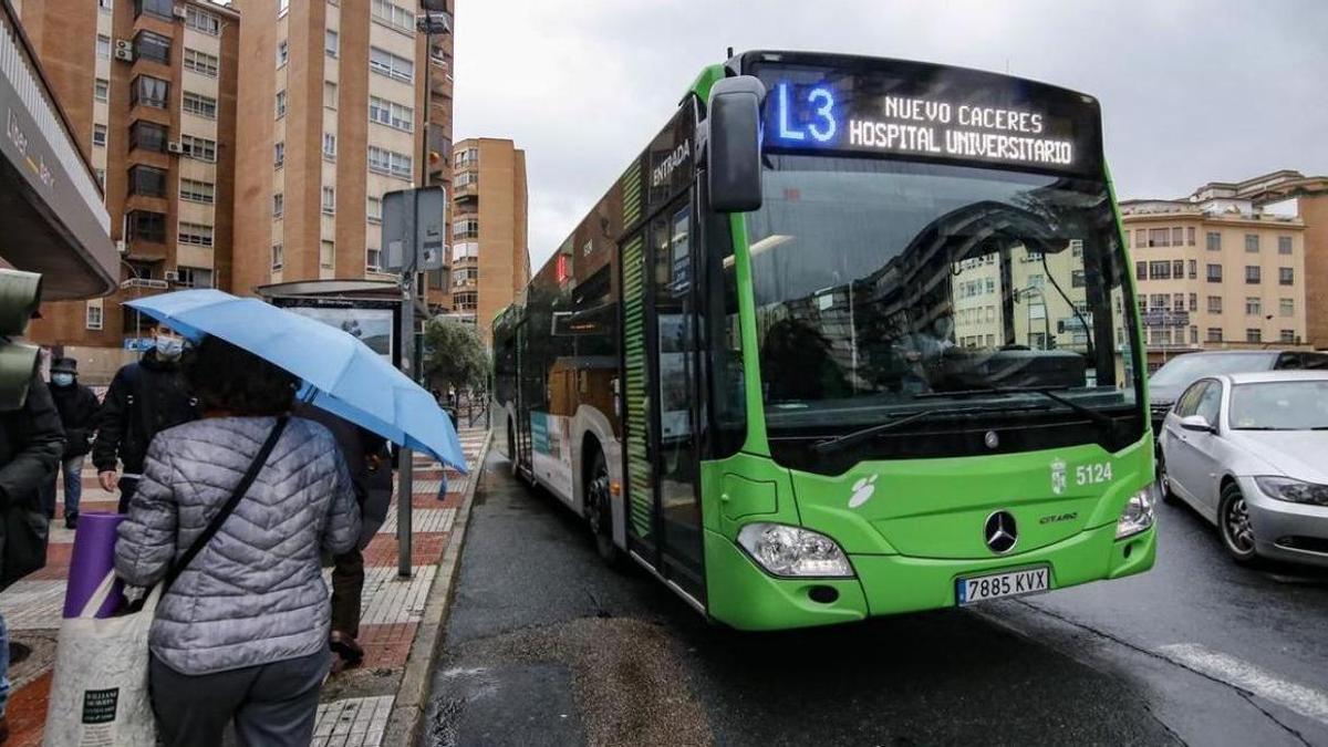 Un autobús urbano en la plaza de América de Cáceres.