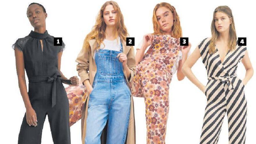 1 Modelos más sofisticado de C&amp;A de crepé fluido y hombros con encaje. 2 Peto en tejido denim de H&amp;M. 3 Con estampados florales de Brownie. 4 Comodidad absoluta como el de Mango.