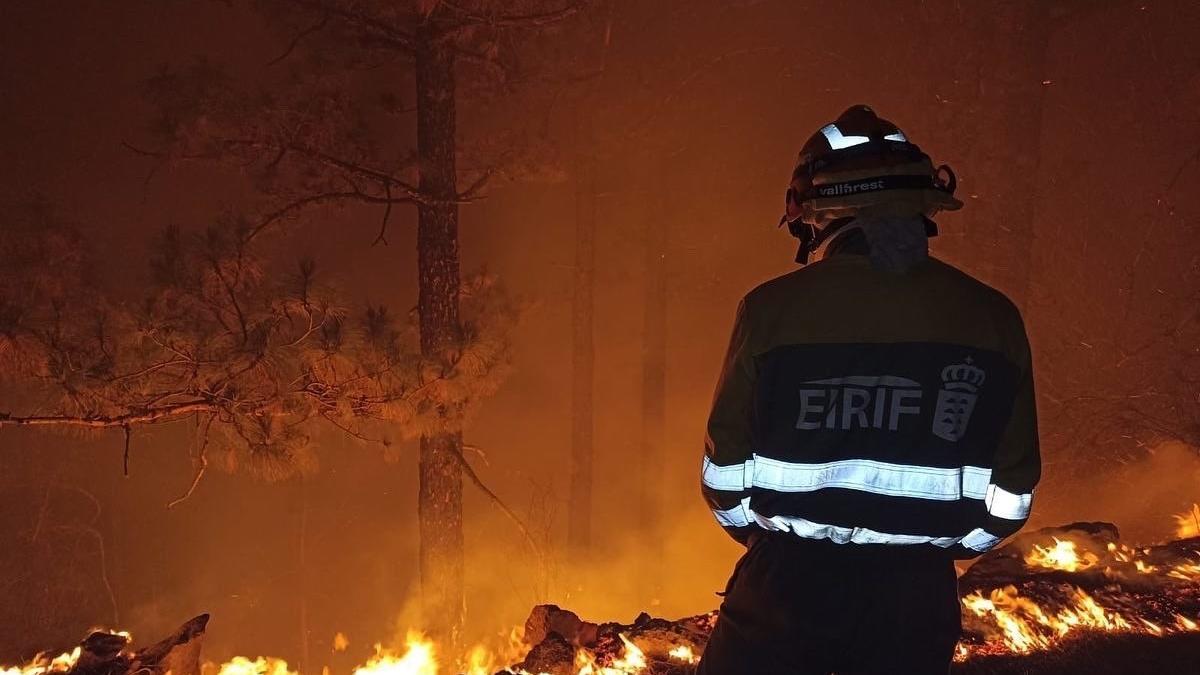 Un efectivo de la EIRIF trabaja en las labores de extinción del incendio de Tenerife durante la noche