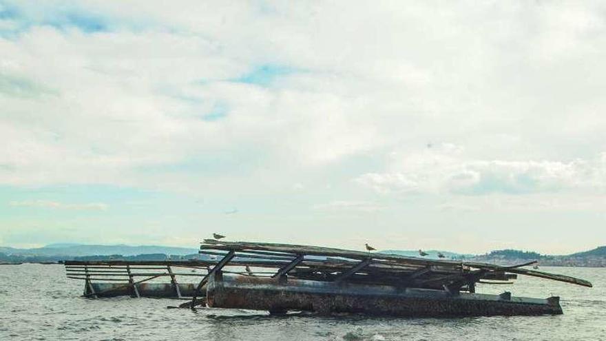 Restos de una batea destrozada por el temporal en Arousa. // I. Abella