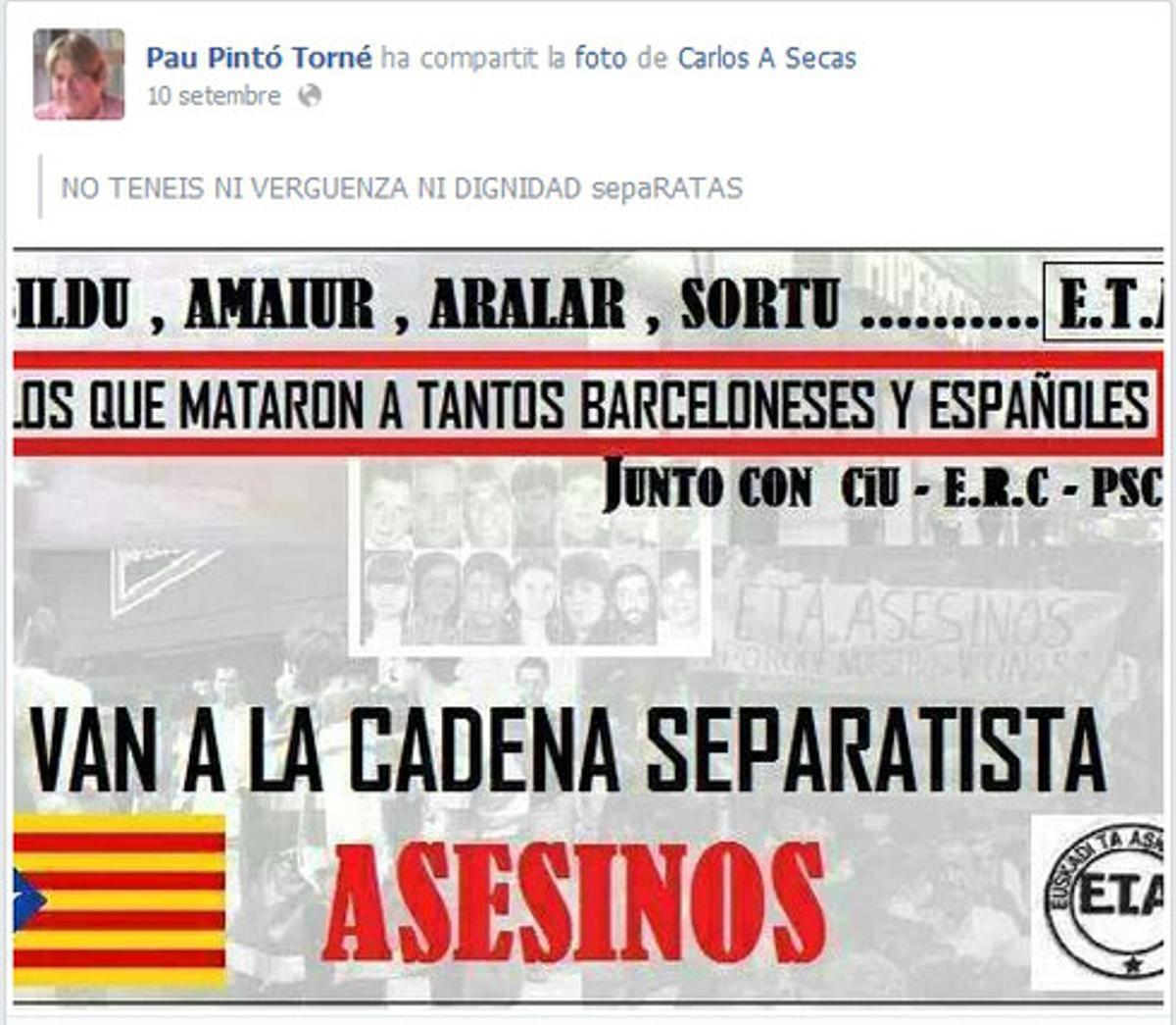 Captura de la pàgina de Facebook del regidor de Lleida Pau Pintó, que posteriorment va ser suprimida.