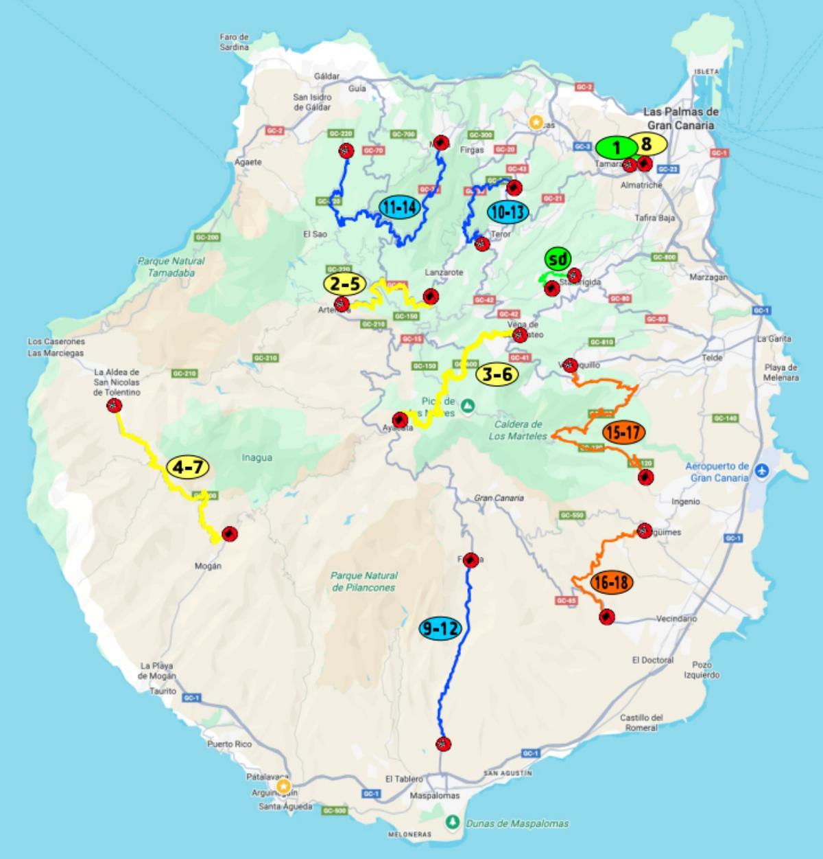 Mapa de tramos del Rally Islas Canarias 2026.