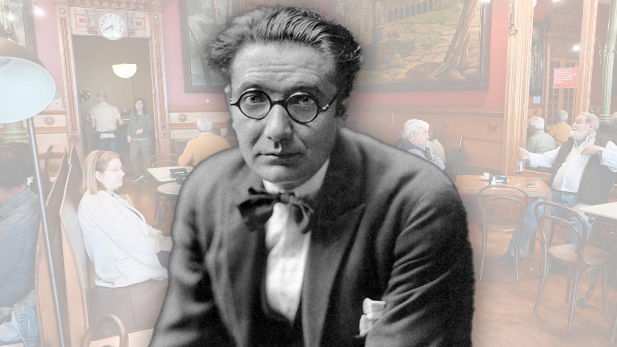 Imagen de Castelao, con el Café Moderno de fondo.