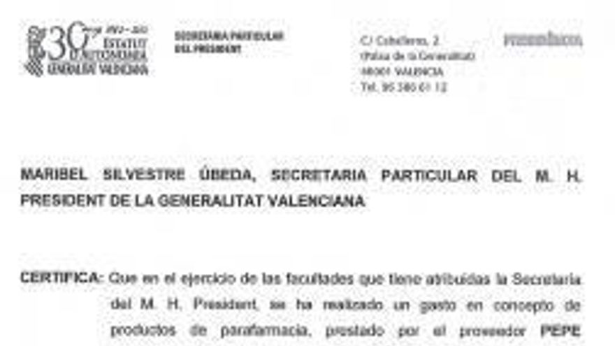 Los papeles desvelados incluyen facturas de compra de productos naturales para el sistema defensivo en supermercados y herboristerías. Son gastos pequeños autorizados por la secretaria personal del presidente Fabra.