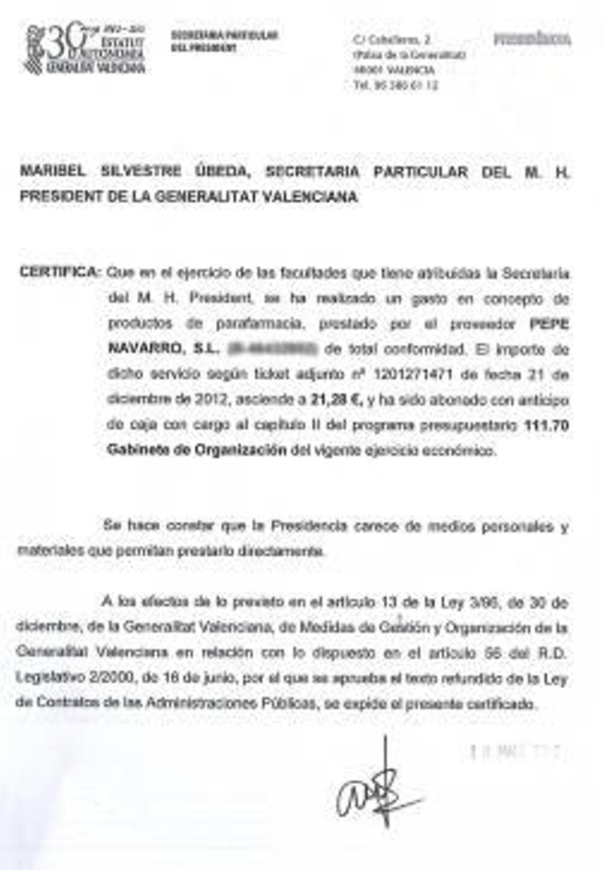 Los papeles desvelados incluyen facturas de compra de productos naturales para el sistema defensivo en supermercados y herboristerías. Son gastos pequeños autorizados por la secretaria personal del presidente Fabra.