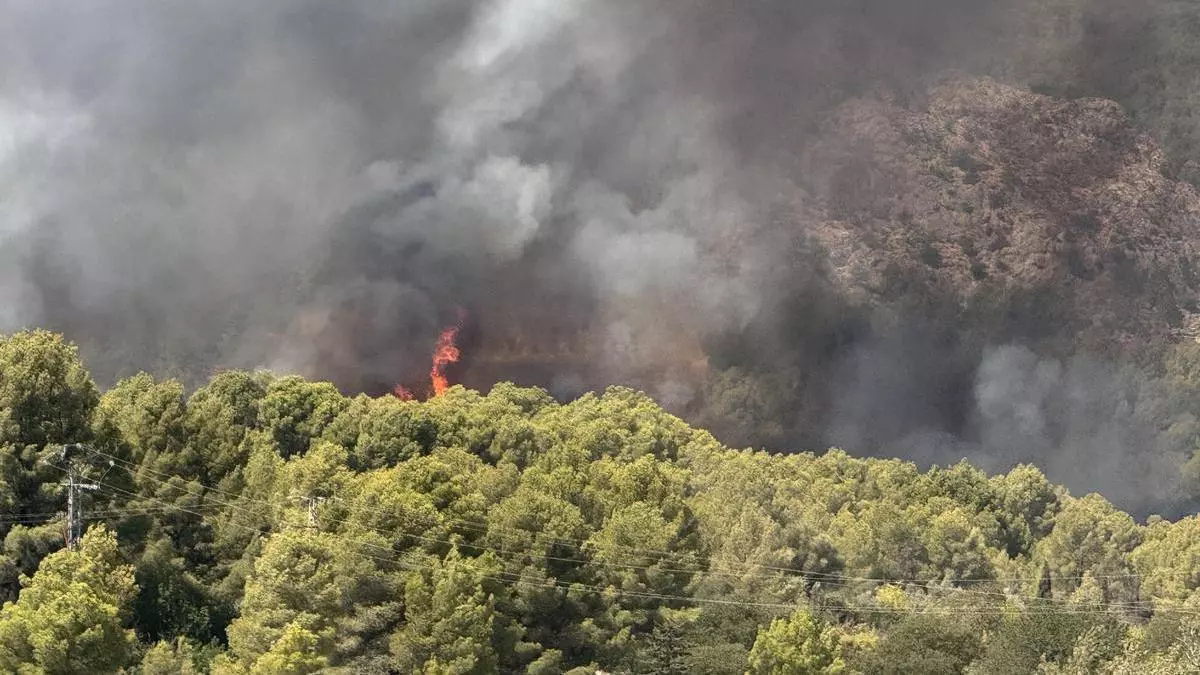 Diez medios aéreos y 21 dotaciones combaten un incendio en una zona de difícil acceso de Polop de la Marina