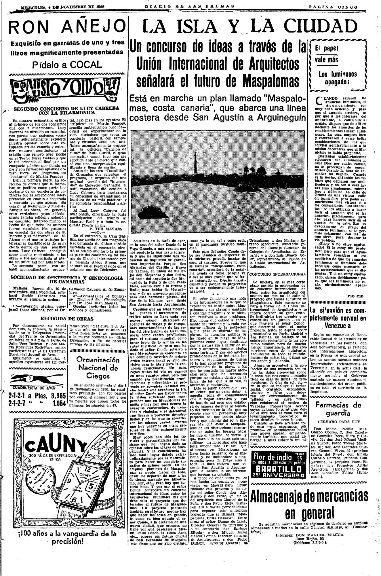 Página del Diario de Las Palmas del 9 de noviembre de 1960 en la que se informaba de la idea del conde de convocar el concurso de ideas.