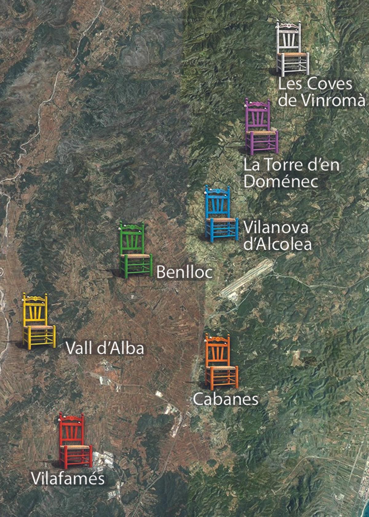Mapa con la ubicación de las siete sillas gigantes que instalarán en estos siete pueblos de Castellón.