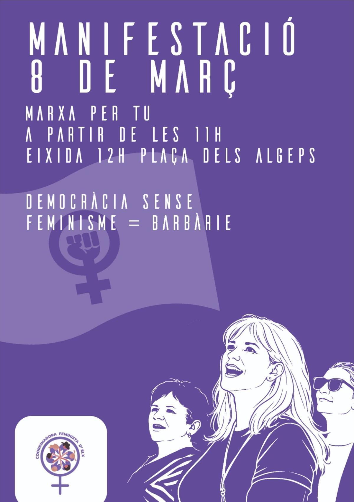 Cartel de la Coordinadora Feminista anunciando la manifestación del 8M a las 12 horas