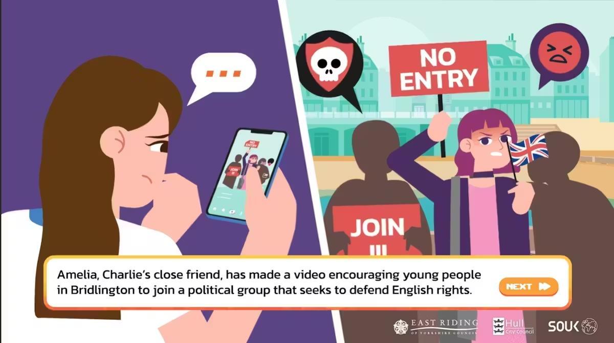 En el videojuego, Amelia es el personaje que pone a prueba al jugador, invitándole a unirse a marchas extremistas contra los inmigrantes.