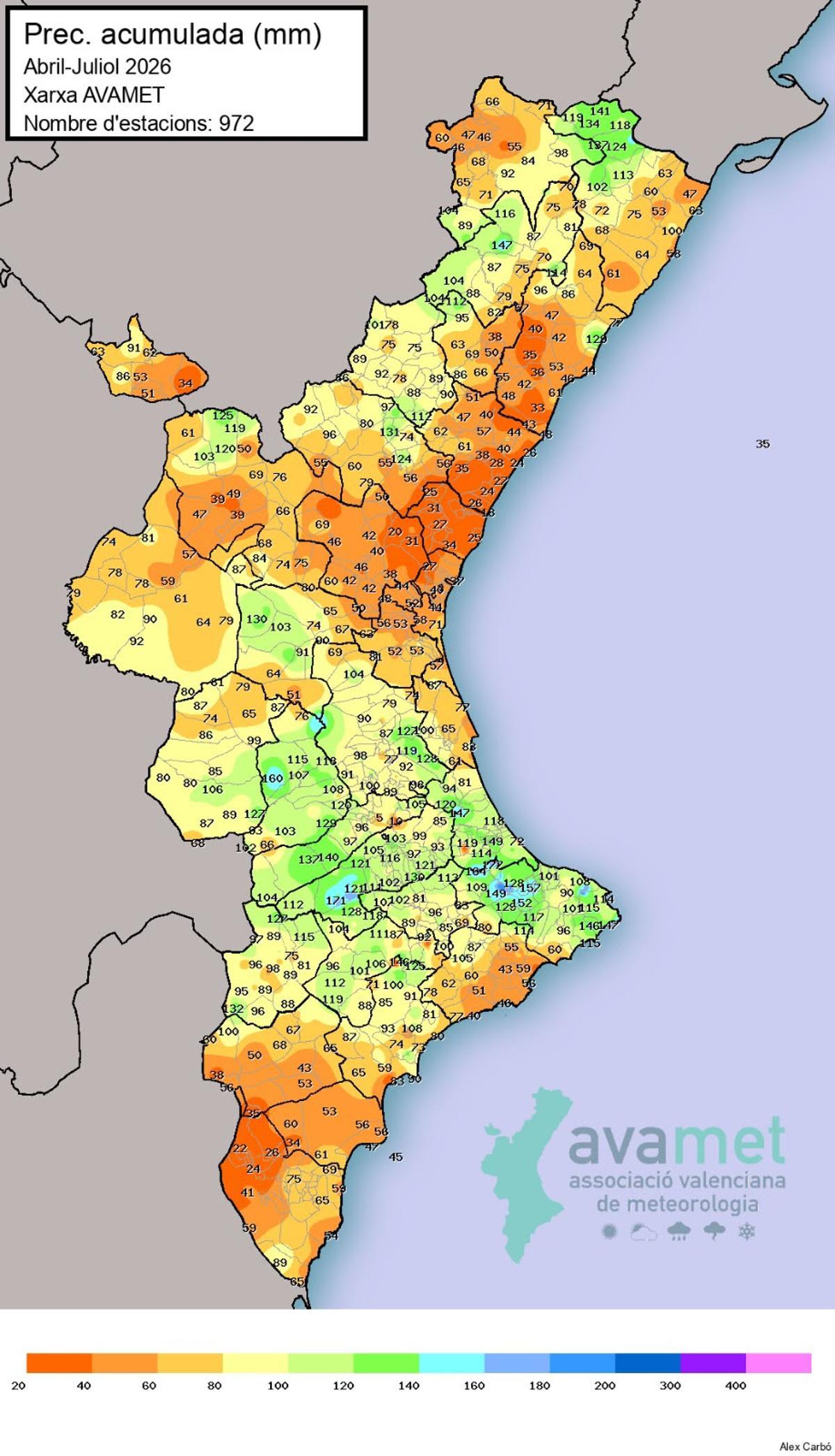 Gráfico que evidencia que la Plana Baixa, la zona del incendio, es donde menos ha llovido en los últimos cuatro meses de toda la Comunitat Valenciana.