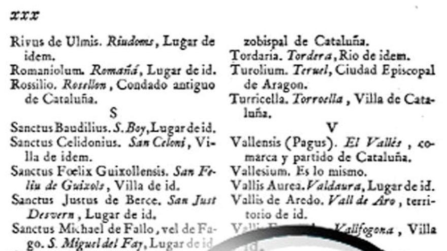 Detall del llibre de De Capmany Surís amb la toponímia de Pals.