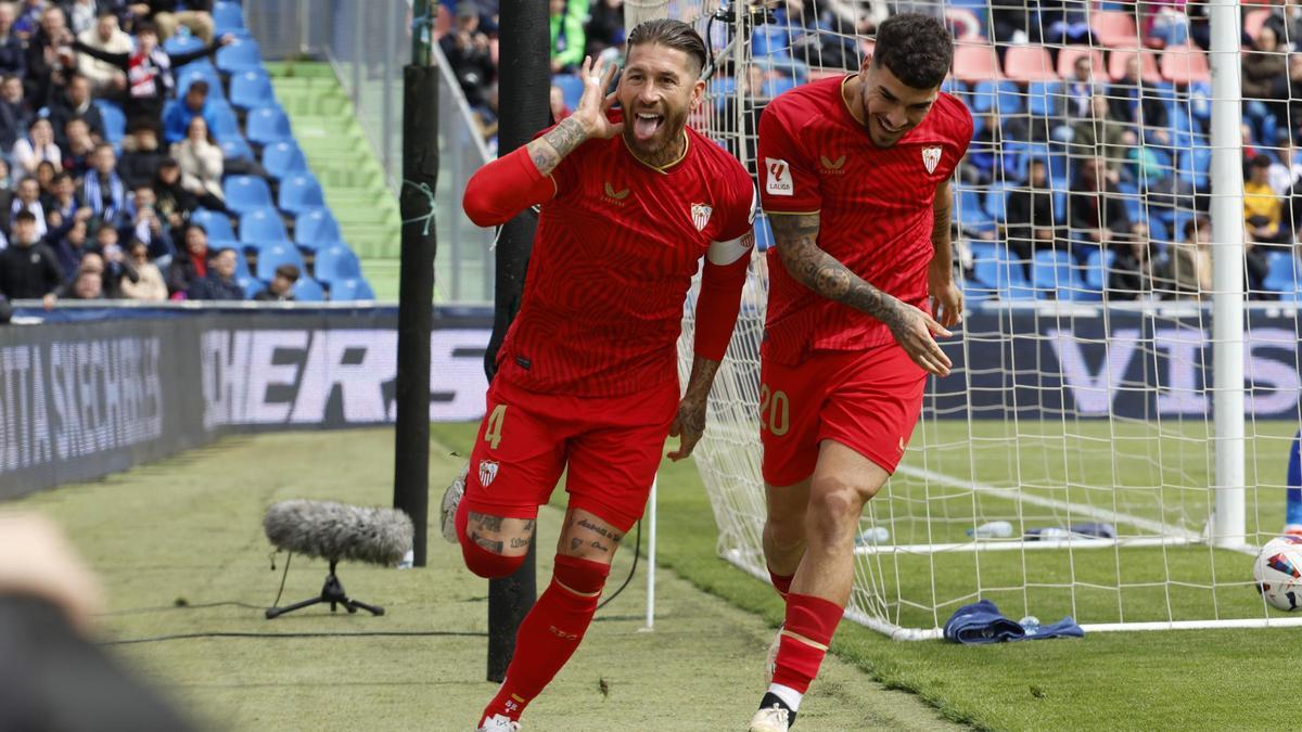 Sergio Ramos celebra su gol ante el Getafe.