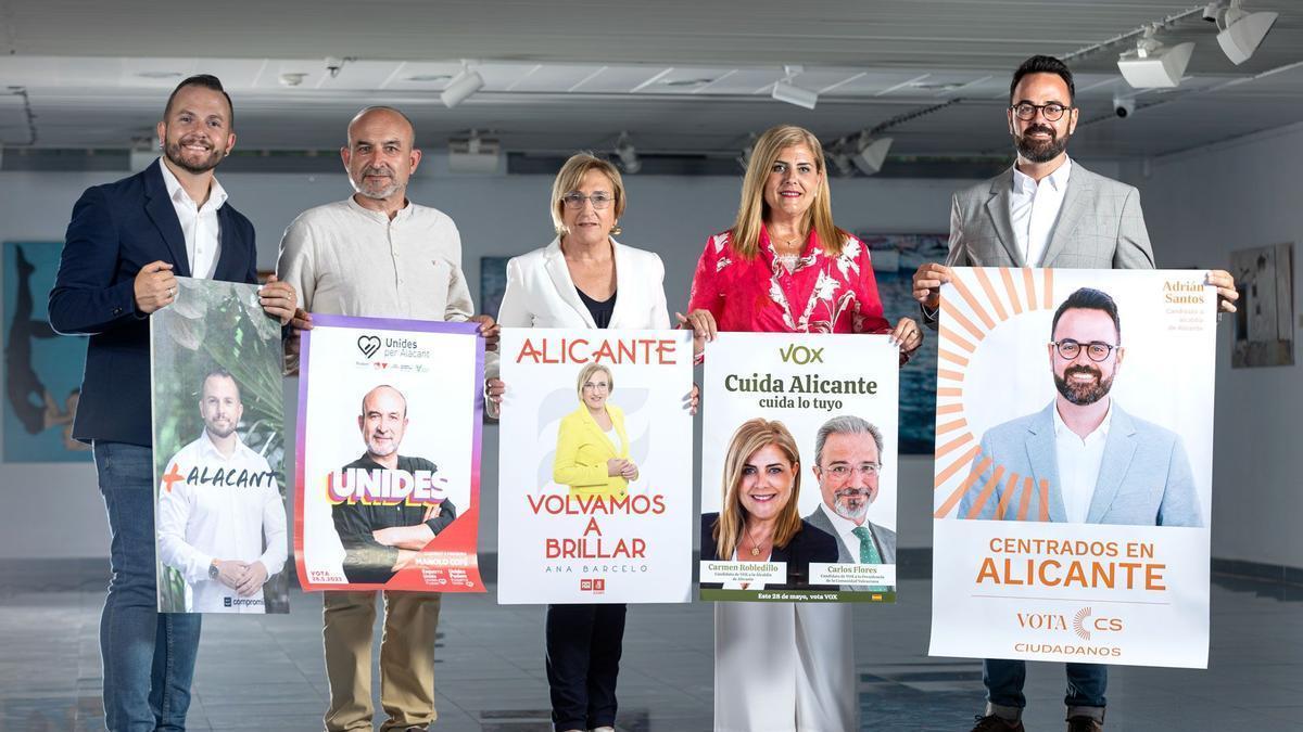 Los candidatos a la Alcaldía de Alicante con representación municipal, excepto Barcala.