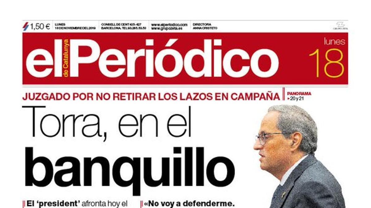 Portada de EL PERIÓDICO del 18 de noviembre de 2019