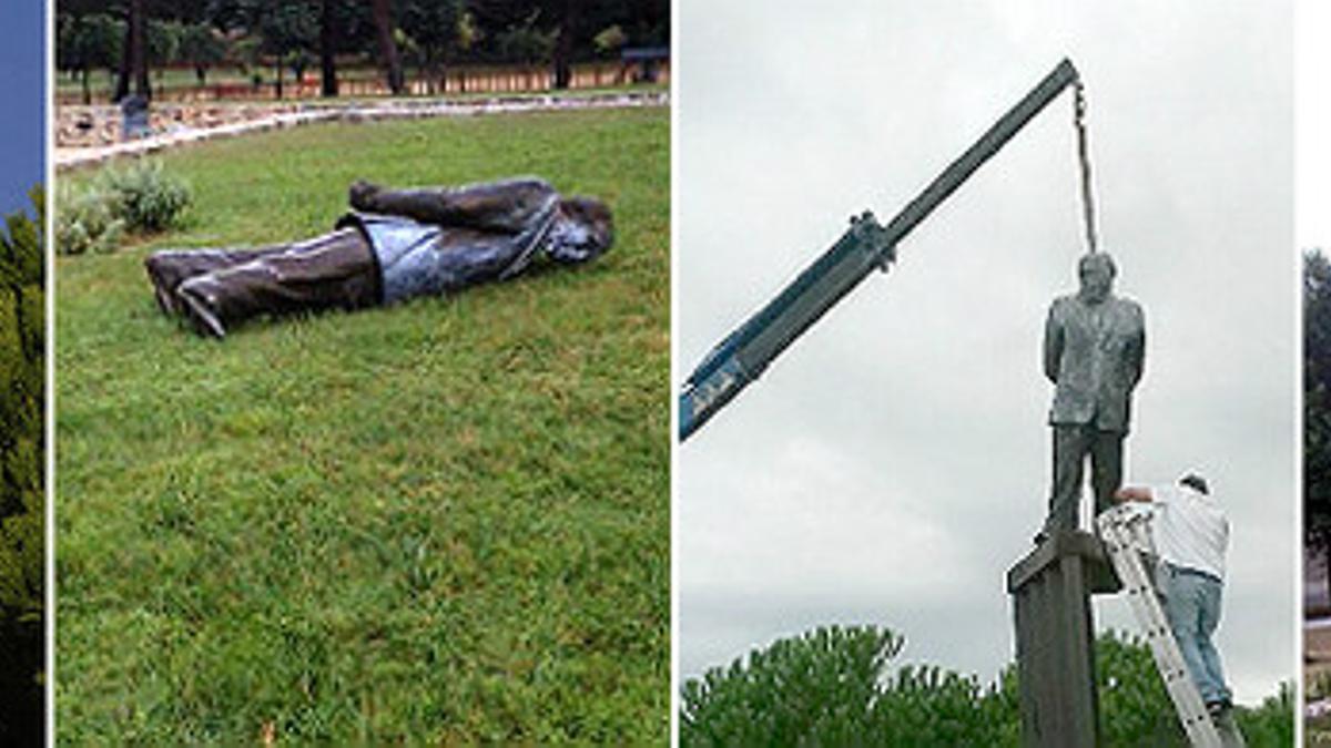 La retirada de la estatua de Pujol en Premià de Dalt. A la izquierda, hace unos días manchada con pintura. Por los suelos. Intento de reposición. El pedestal huérfano.