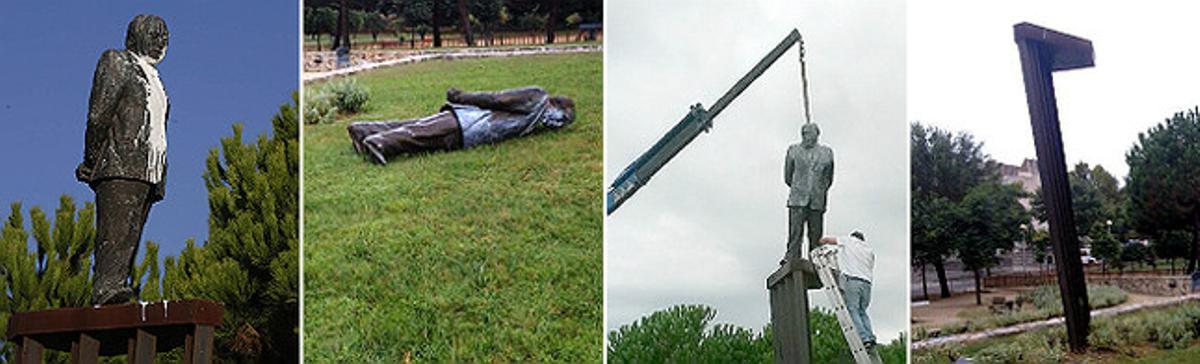 La retirada de l’estàtua de Pujol a Premià de Dalt. A l’esquerra, fa uns dies tacada amb pintura. Per terra. Intent de reposició. El pedestal orfe.