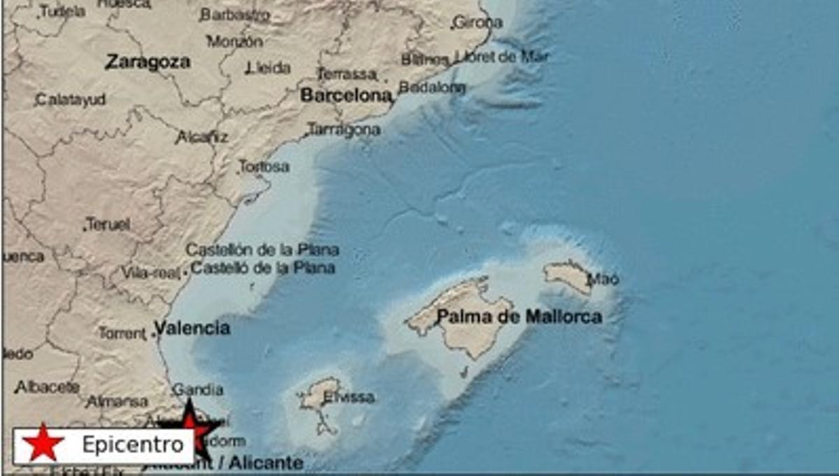 El mapa de l’Institut Geogràfic Nacional que localitza l’epicentre a Calp