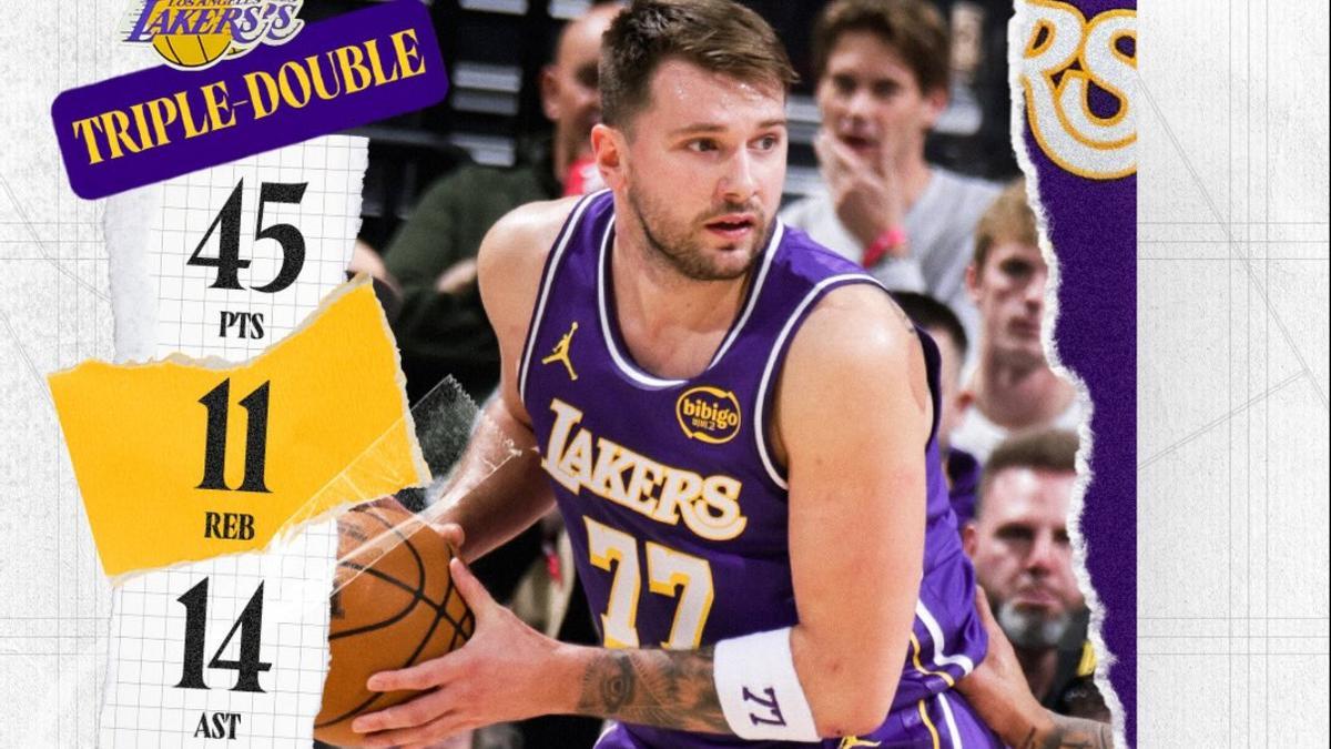 Luka Doncic firmó este jueves un triple-doble con 45 puntos, 11 rebotes y 14 asistencias en el triunfo de Los Angeles Lakers por 135-143 sobre los Utah Jazz, que echaron de menos a su estrella Lauri Markkanen.