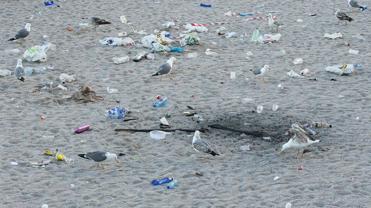 Basura en una playa de A Coruña tras la noche de las hogueras de San Juan.