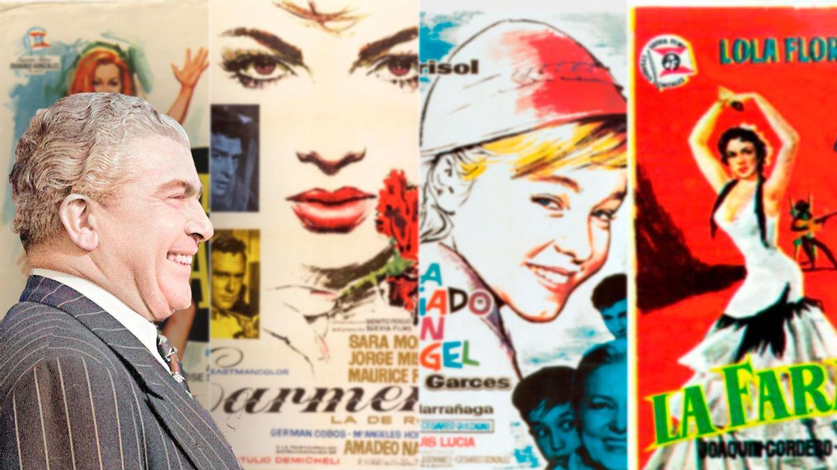 Cesáreo González con carteles de películas de Suevia protagonizadas por mujeres