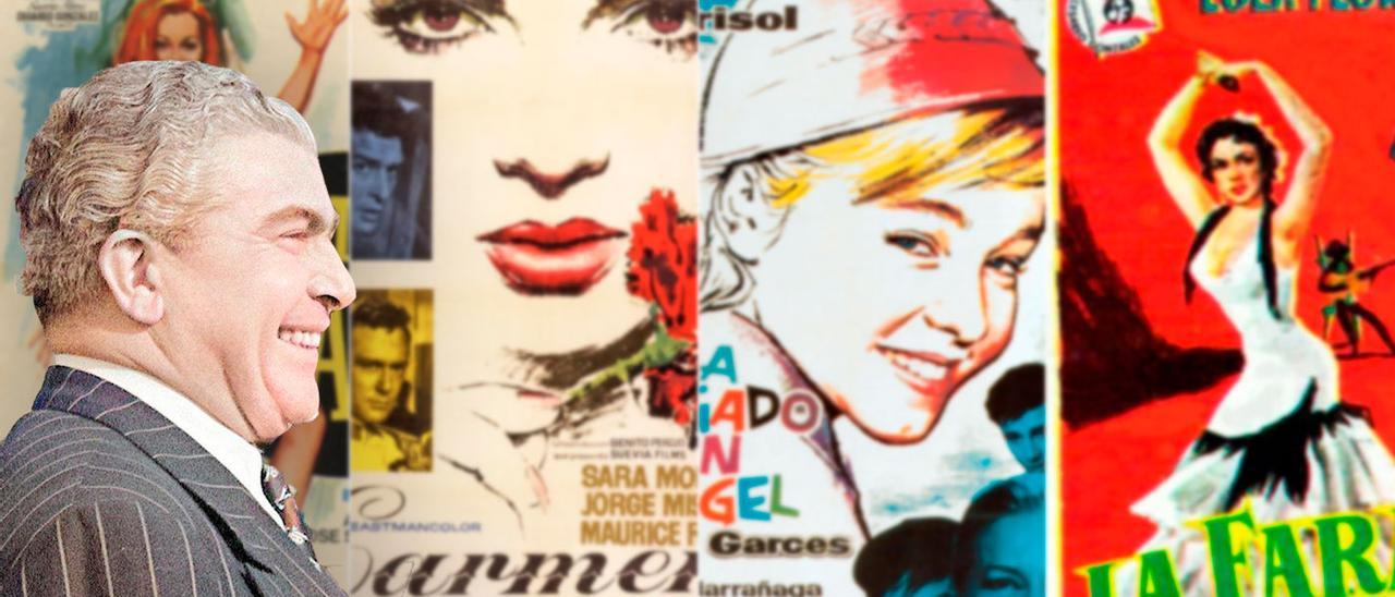 Cesáreo González con carteles de películas de Suevia protagonizadas por mujeres