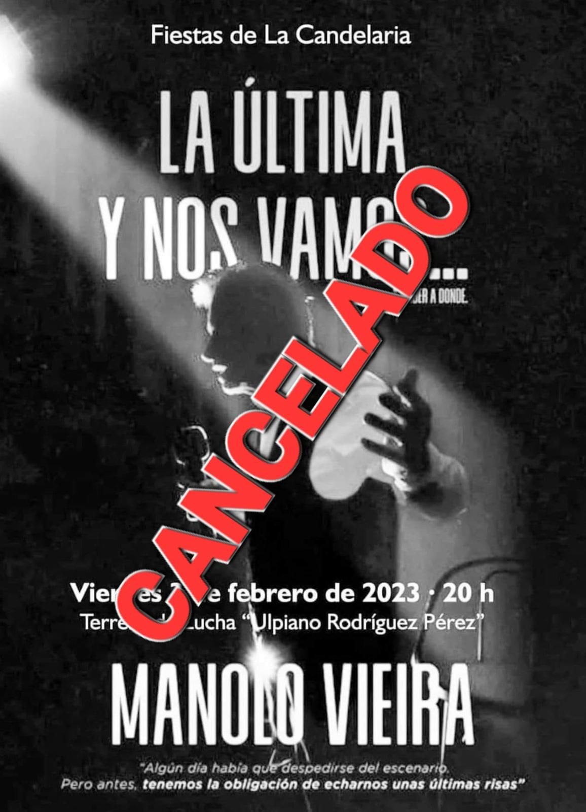 Cartel con la actuación cancelada del humorista Manolo Vieira en Tías prevista para este 3 de febrero de 2023.