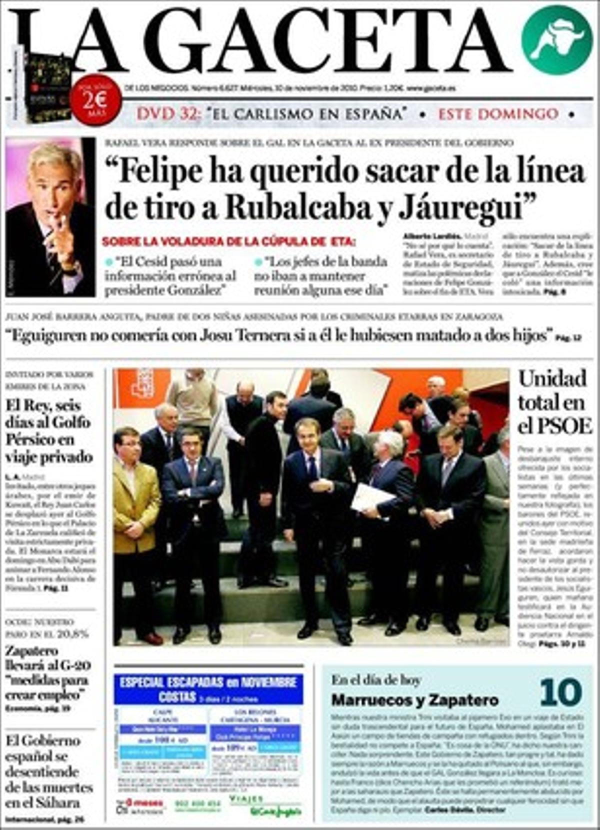 ’La Gaceta’ explica a dins també que Brian Currin presenta avui el seu grup de mediadors probatasunes, i que l’Agència Internacional de l’Energia adverteix del final de l’actual era del petroli barat.