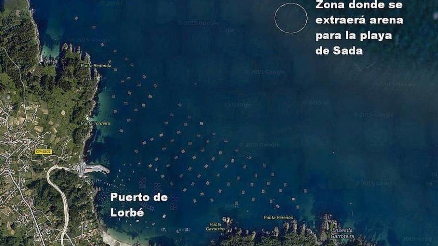 Ubicación de la zona donde se extraerá arena del fondo del mar para regenerar la playa de Sada.