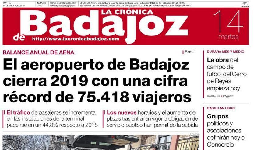 Esta es la portada de LA CRÓNICA DE BADAJOZ correspondiente al día 14 de enero del 2020