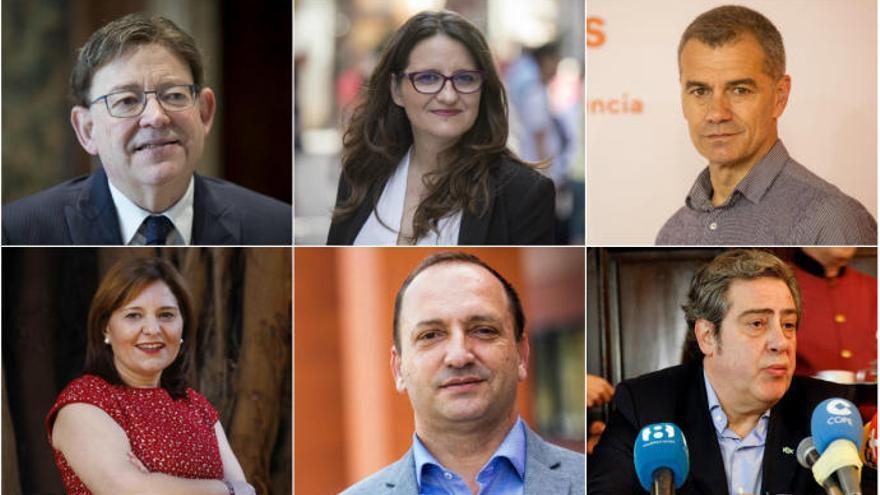 De izquierda a derecha y de arriba a abajo: Ximo Puig, Mónica Oltra, Toni Cantó, Isabel Bonig, Rubén Martínez Dalmau y José María Llanos