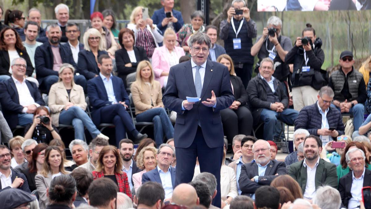 El candidat de Junts a les eleccions del 12-M, Carles Puigdemont, en l'acte de presentació de la candidatura a Elna