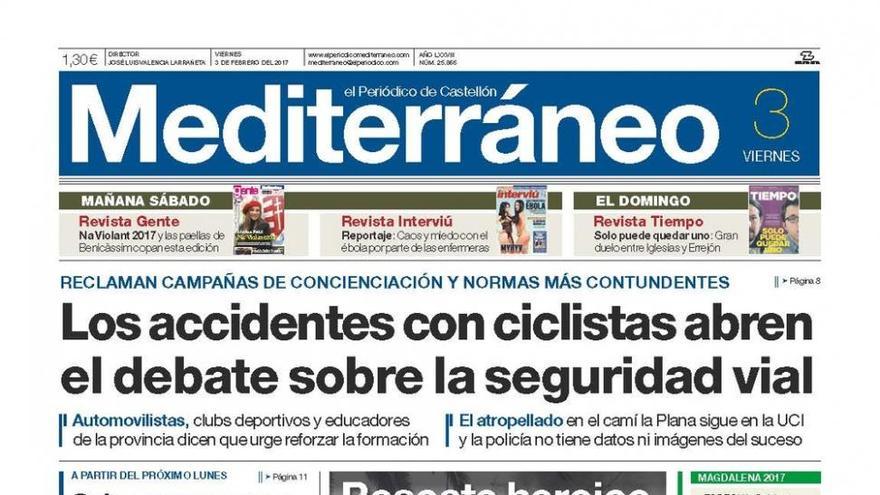 Los accidentes con ciclistas abren el debate sobre la seguridad vial, en la portada de Mediterráneo