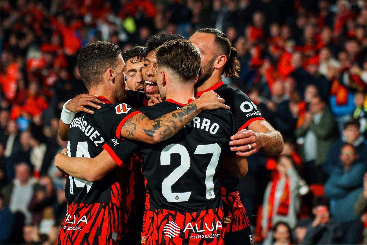 Celebración de uno de los goles ante Las Palmas.