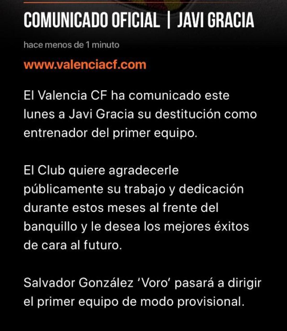 El Valencia CF despide a Javi Gracia; Voro vuelve al banquillo