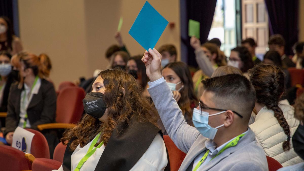 Votación durante la Simulación Escolar de Parlamento Europeo para jóvenes de la provincia de Córdoba celebrada en el salón de actos de la Diputación.