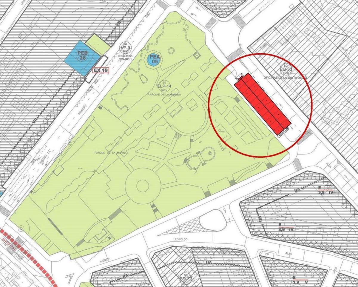 Plano de la Plaza de La Marina, con el lugar en el que se ubicará la carpa. | Cedida