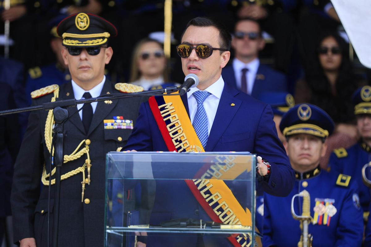 El presidente de Ecuador, Daniel Noboa, durante un discurso por el 88 aniversario de la Policia Nacional del país en Quito.
