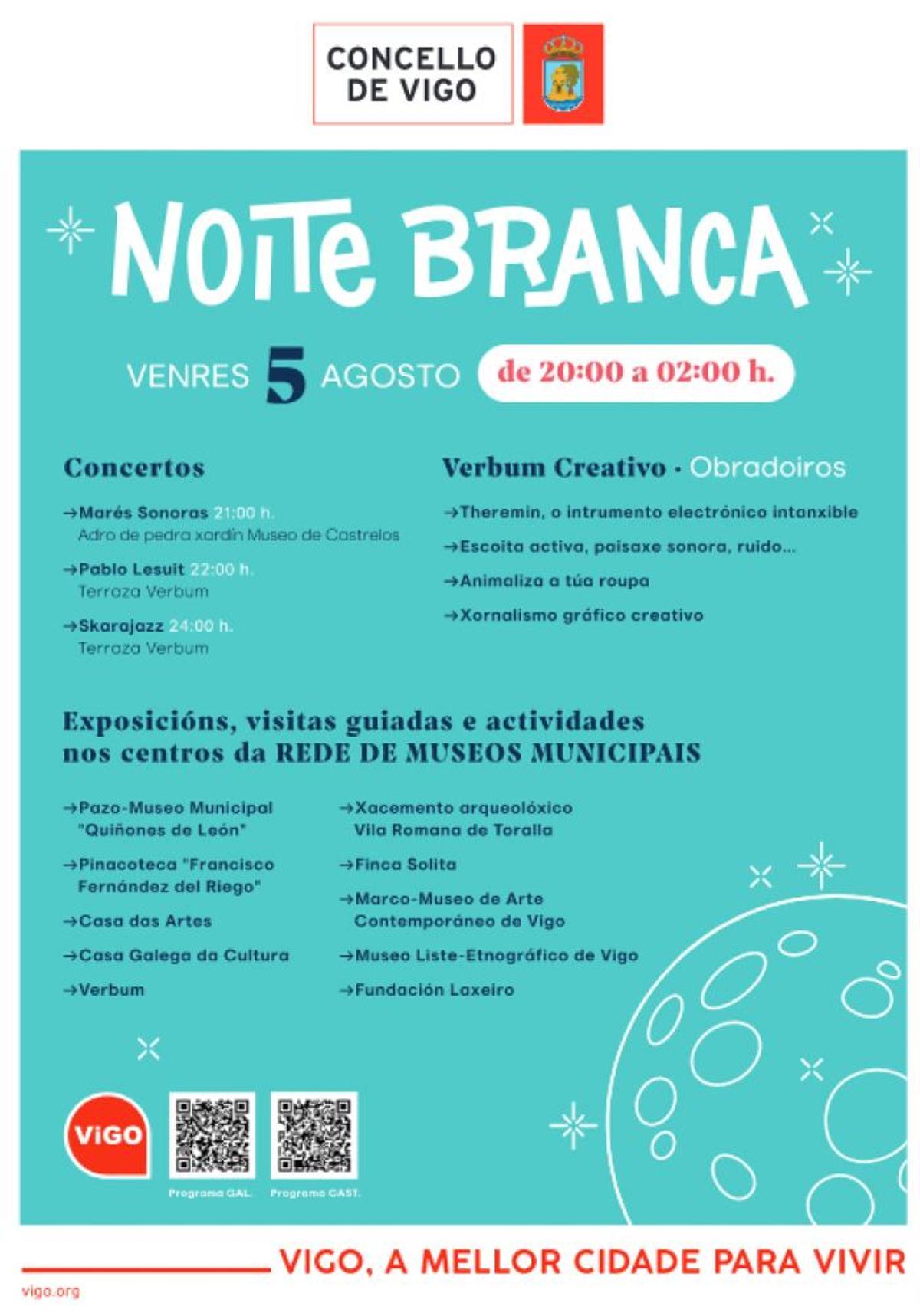 Cartel de actividades de la Noite Branca que el Concello organizará este viernes 5 de agosto en diez museos de la ciudad