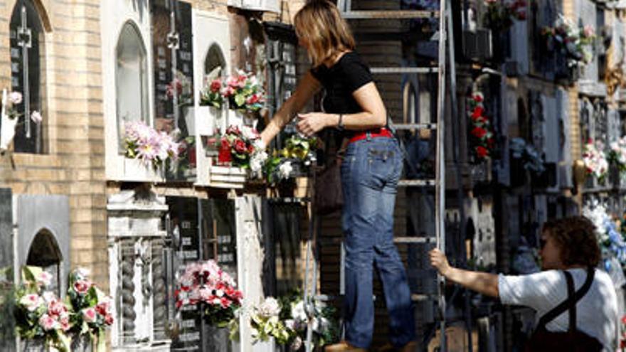 Una mujer coloca flores en la lápida de uno de sus familiares.