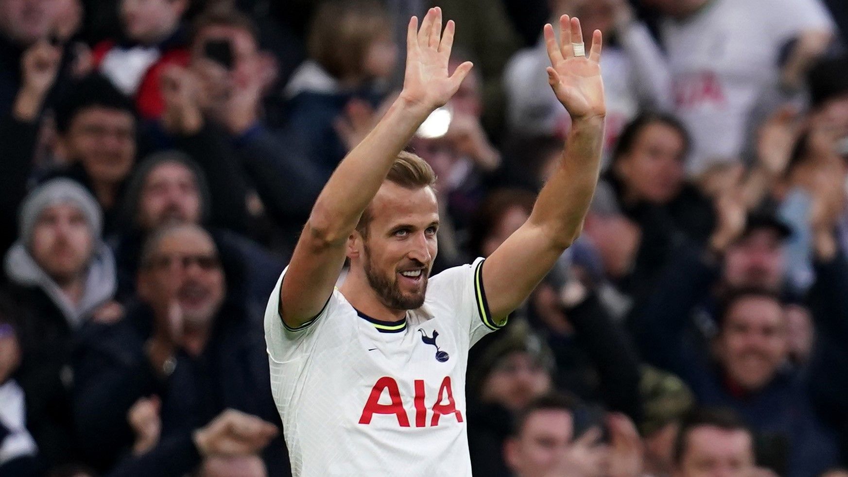 Tottenham Hotspur's Harry Kane celebrates scoring his side's first goal during the English Premier League soccer match between Tottenham Hotspur and Manchester City at the Tottenham Hotspur Stadium. Photo: John Wa