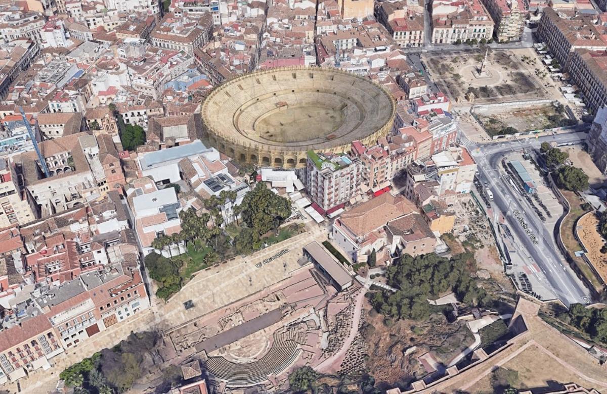 Reconstrucción del posible anfiteatro de Malaca, desde el Teatro Romano.